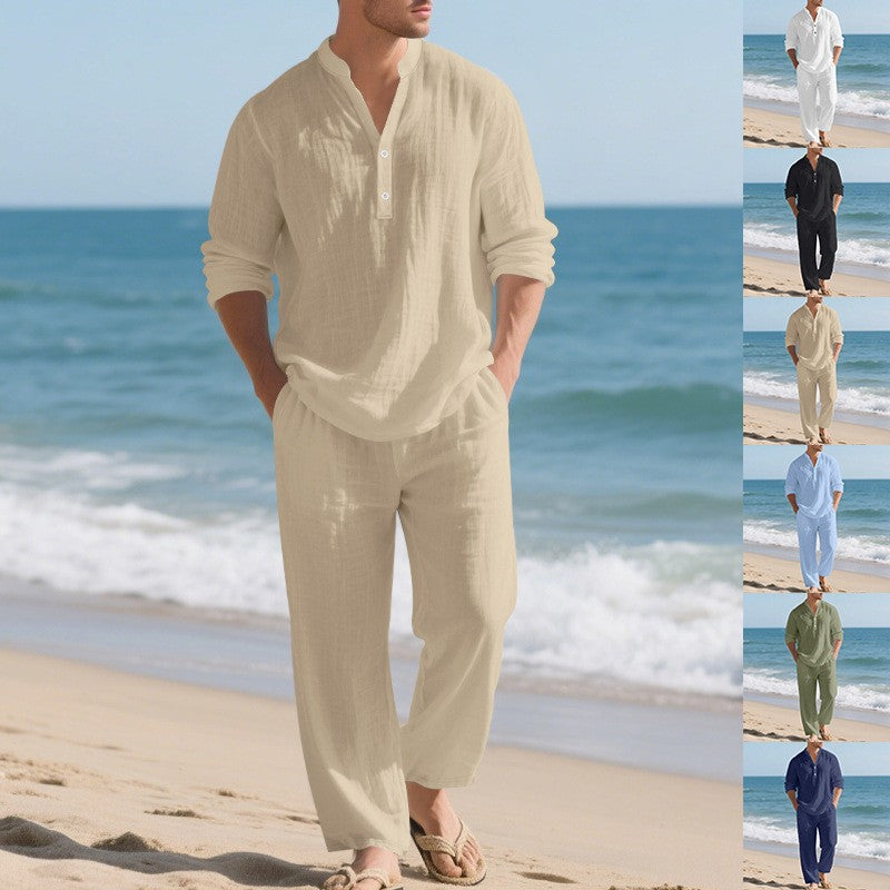 🌬️ The Nomad-Suite: Men’s Breathable V-Neck Linen Set