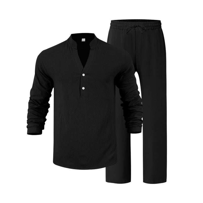 🌬️ The Nomad-Suite: Men’s Breathable V-Neck Linen Set