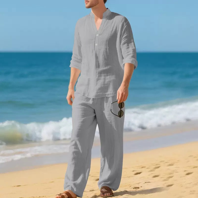 🌬️ The Nomad-Suite: Men’s Breathable V-Neck Linen Set