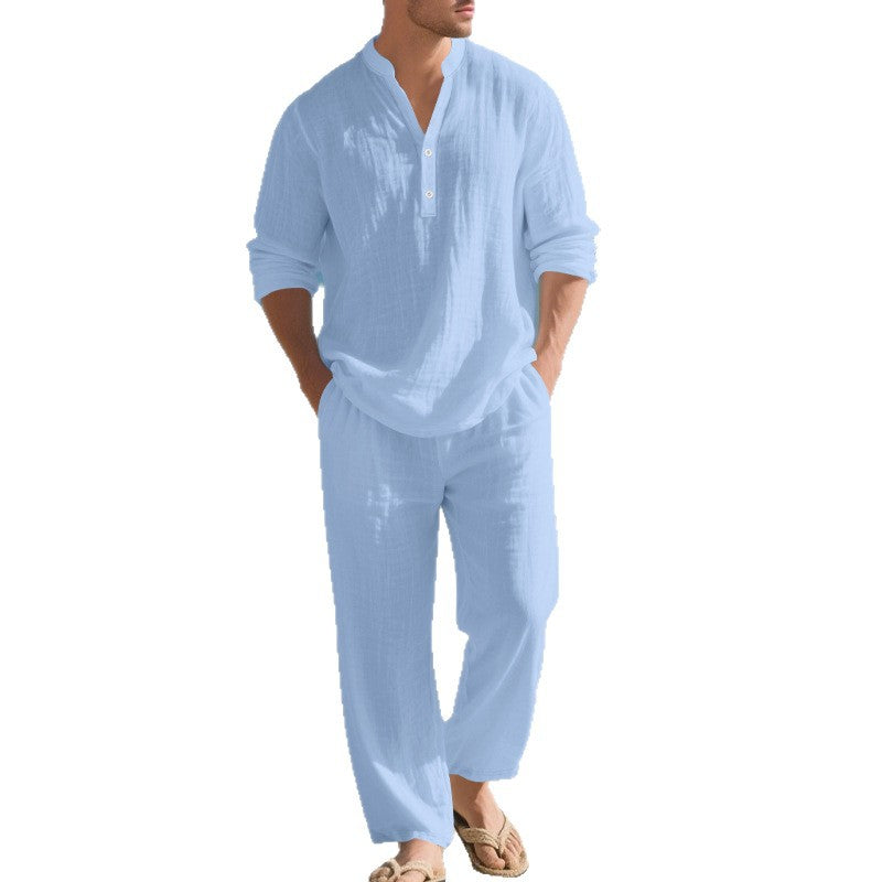 🌬️ The Nomad-Suite: Men’s Breathable V-Neck Linen Set