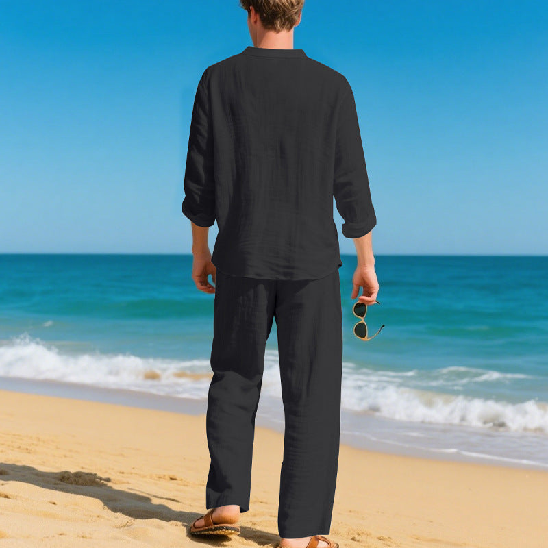 🌬️ The Nomad-Suite: Men’s Breathable V-Neck Linen Set