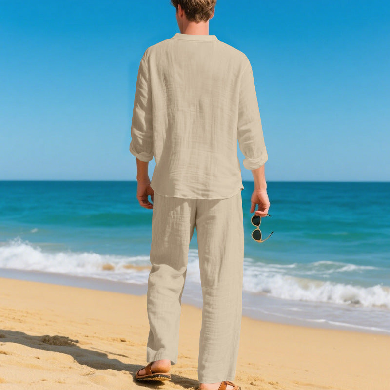 🌬️ The Nomad-Suite: Men’s Breathable V-Neck Linen Set