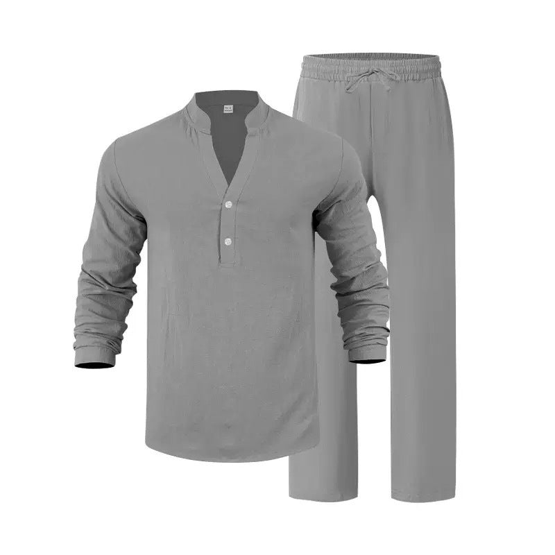 🌬️ The Nomad-Suite: Men’s Breathable V-Neck Linen Set