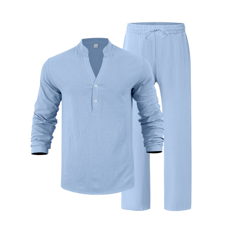 🌬️ The Nomad-Suite: Men’s Breathable V-Neck Linen Set