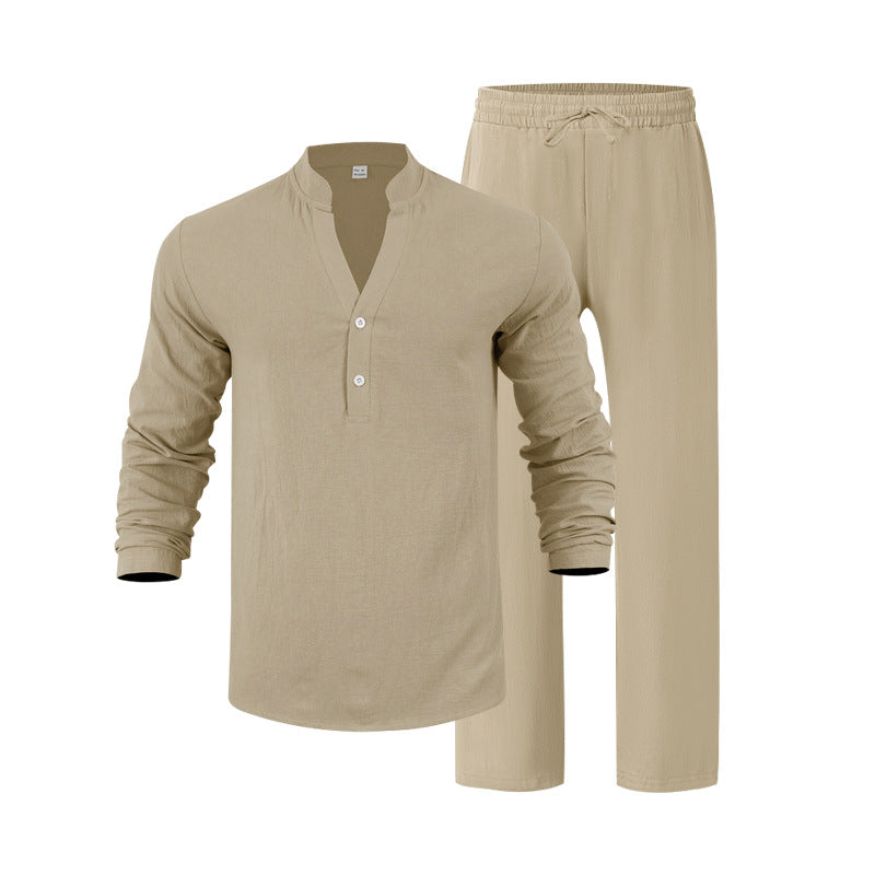 🌬️ The Nomad-Suite: Men’s Breathable V-Neck Linen Set