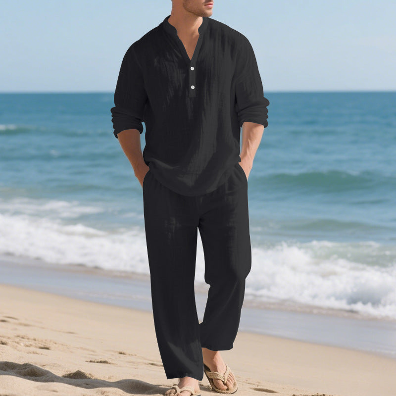 🌬️ The Nomad-Suite: Men’s Breathable V-Neck Linen Set