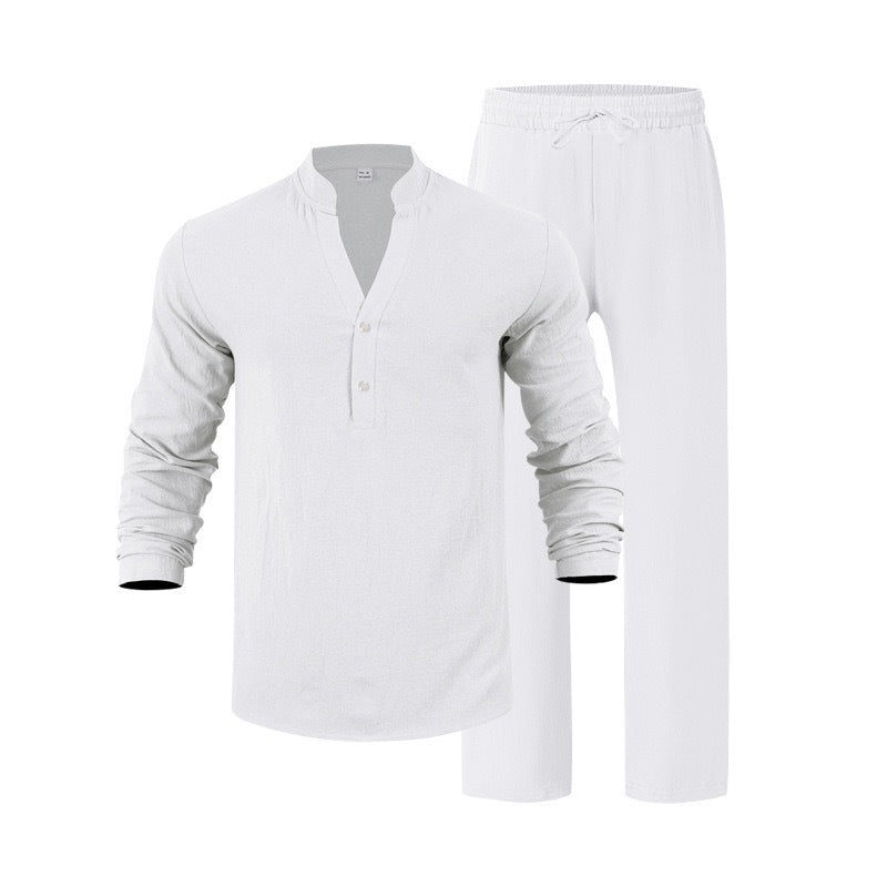 🌬️ The Nomad-Suite: Men’s Breathable V-Neck Linen Set