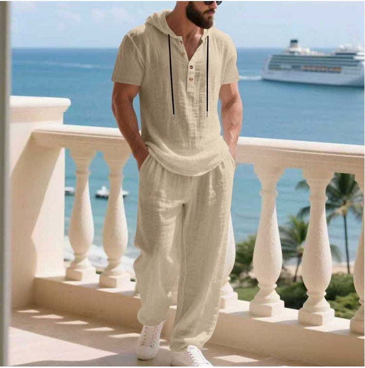 🌬️ The Nomad-Suite: Men’s Breathable V-Neck Linen Set