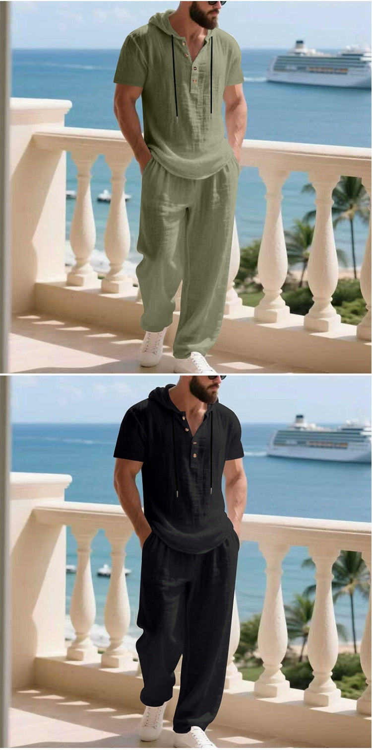 🌬️ The Nomad-Suite: Men’s Breathable V-Neck Linen Set